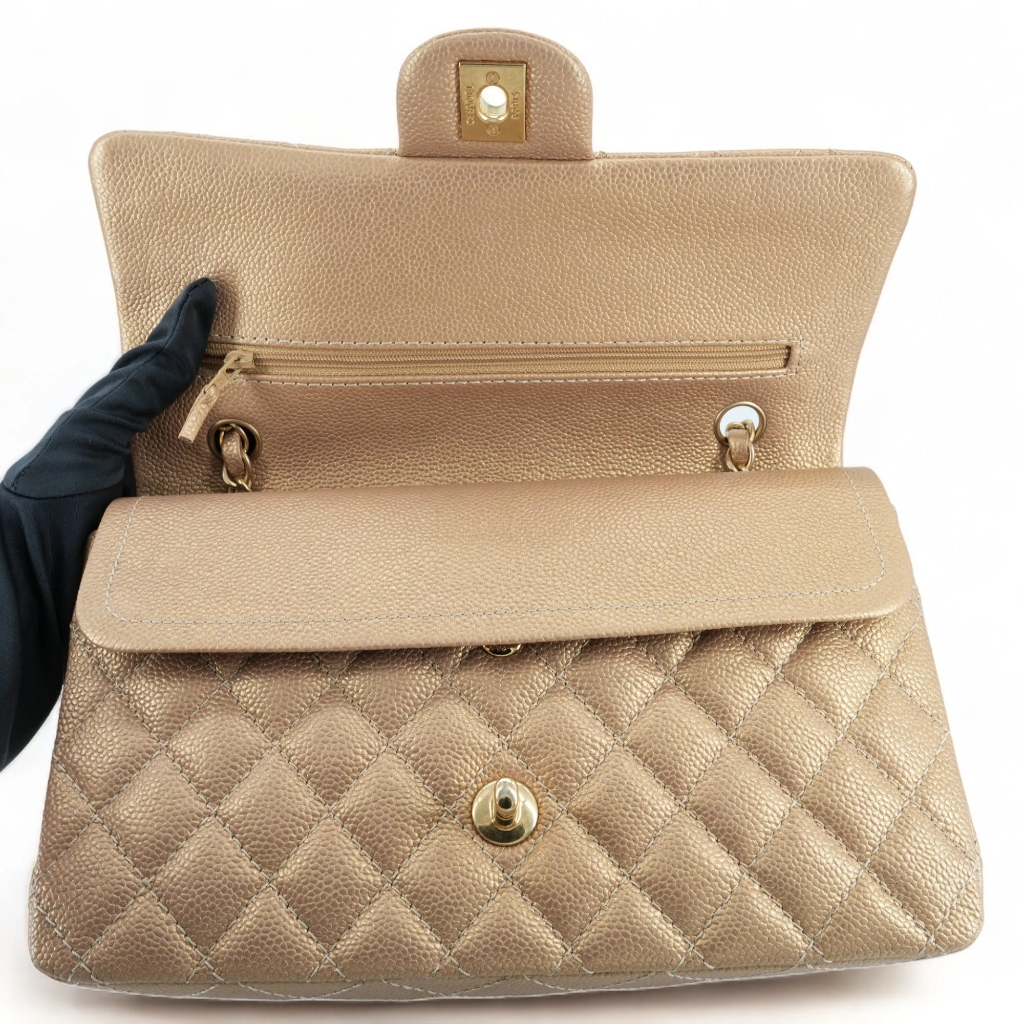 15C Pearly Gold Caviar Medium Classic Double Flap Bag