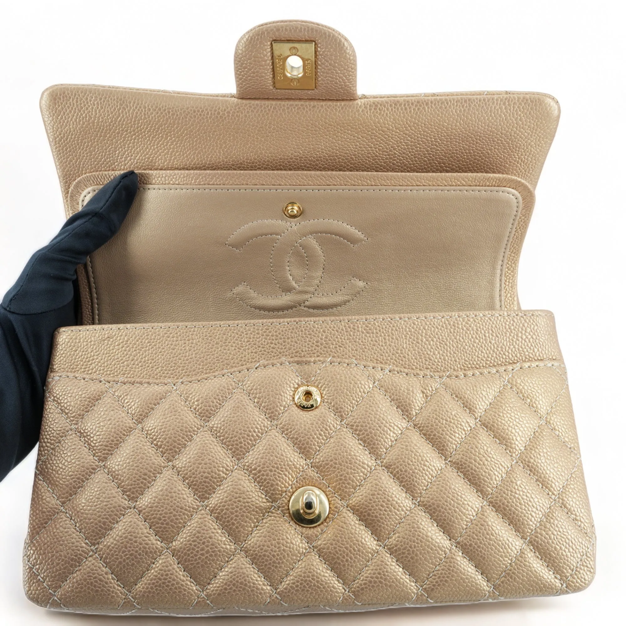 15C Pearly Gold Caviar Medium Classic Double Flap Bag