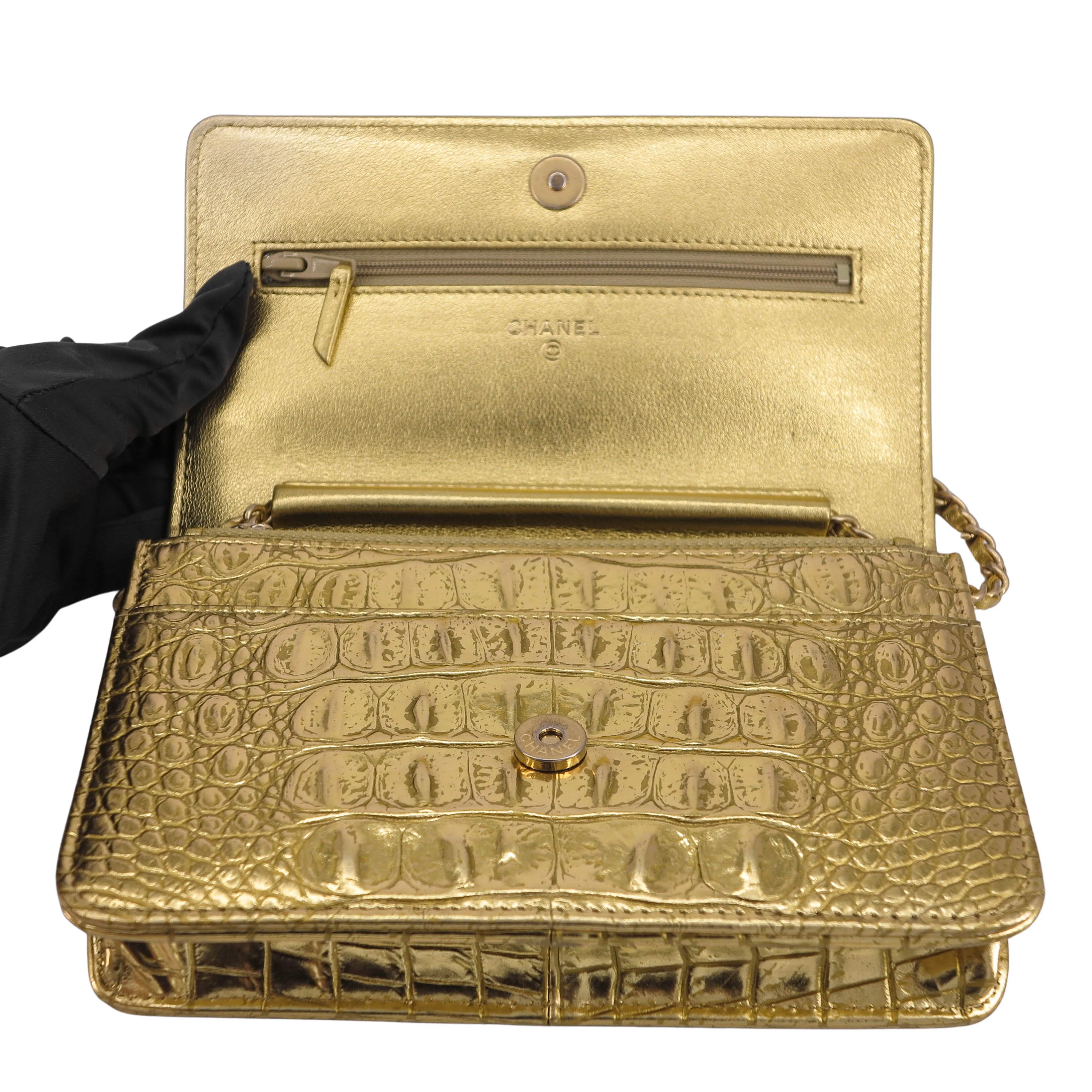 19A Ancient Egypt Gold Croc Embossed Calfskin Wallet On Chain WOC