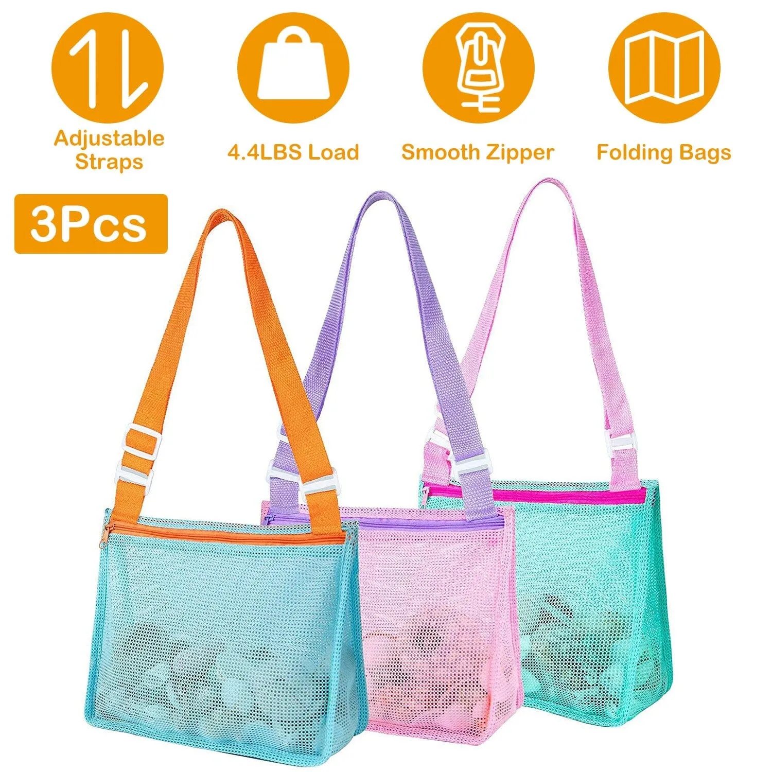 3-Pieces: Beach Mesh Bags Seashell Sand Tote Bag