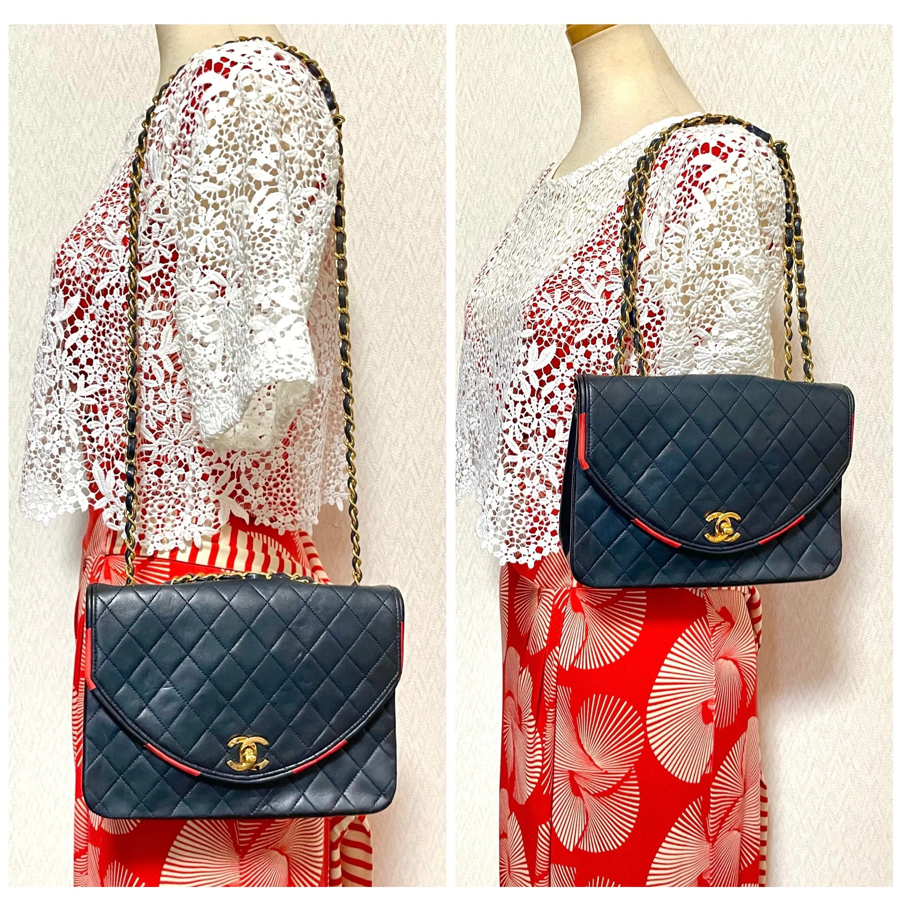 80's vintage Chanel dark navy lambskin 2.55 classic shoulder bag with gold chain and turn lock cc closure. Unique oval red edges. 051205ac4