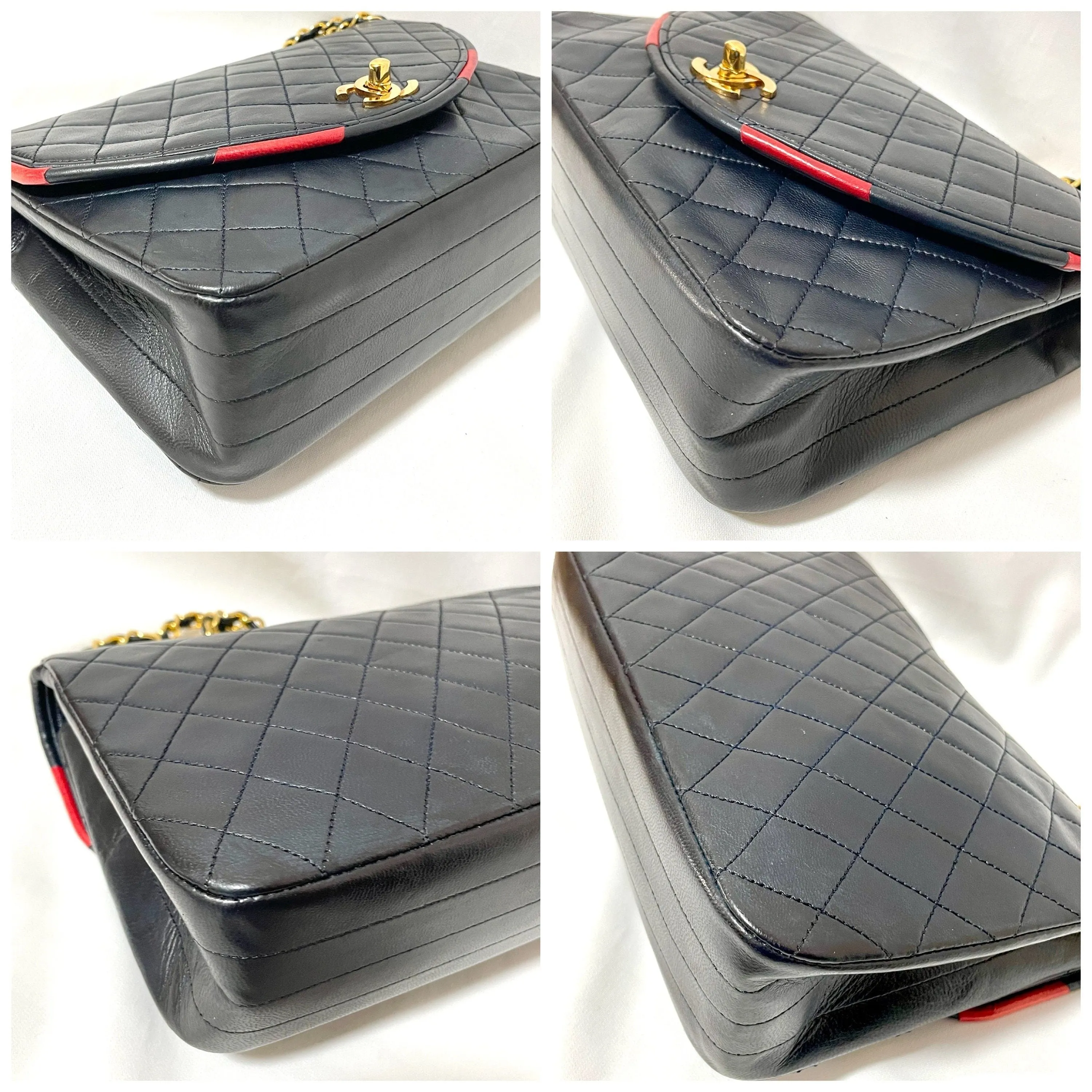 80's vintage Chanel dark navy lambskin 2.55 classic shoulder bag with gold chain and turn lock cc closure. Unique oval red edges. 051205ac4