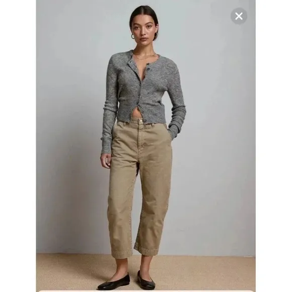 American Eagle Barrel Jeans Womens 12 Taupe Wide Leg Cropped Organic Cotton