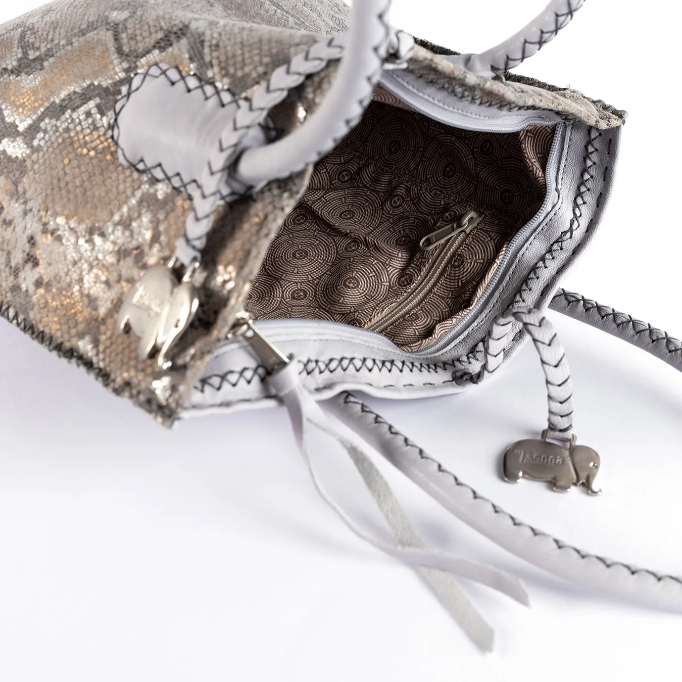 Azetha : Ladies Leather Shopper Handbag in Cloud Cayak (Light Grey) and Opal Rockafella