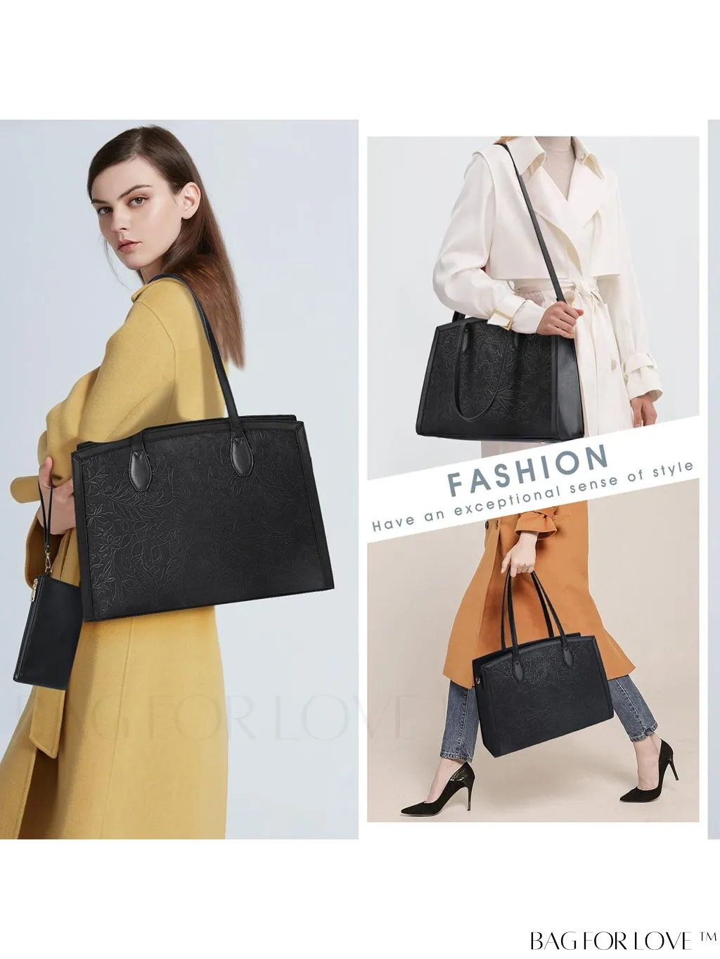 BagForLove - Professional Womens Laptop Bag - Waterproof, Large Capacity, Leather Handbag - Black Embossed Pattern