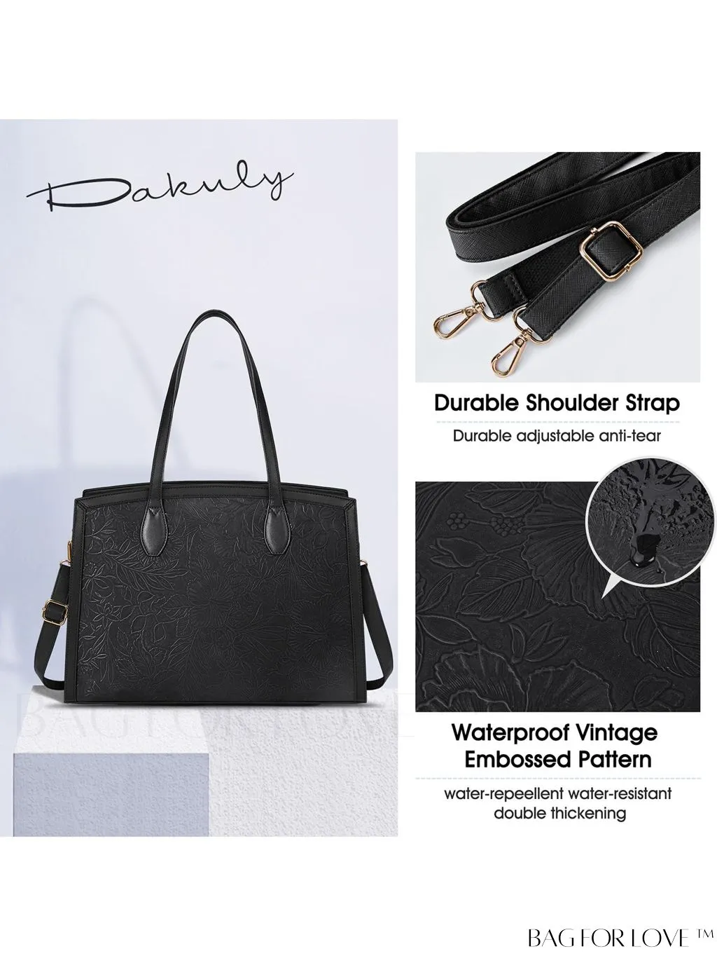 BagForLove - Professional Womens Laptop Bag - Waterproof, Large Capacity, Leather Handbag - Black Embossed Pattern