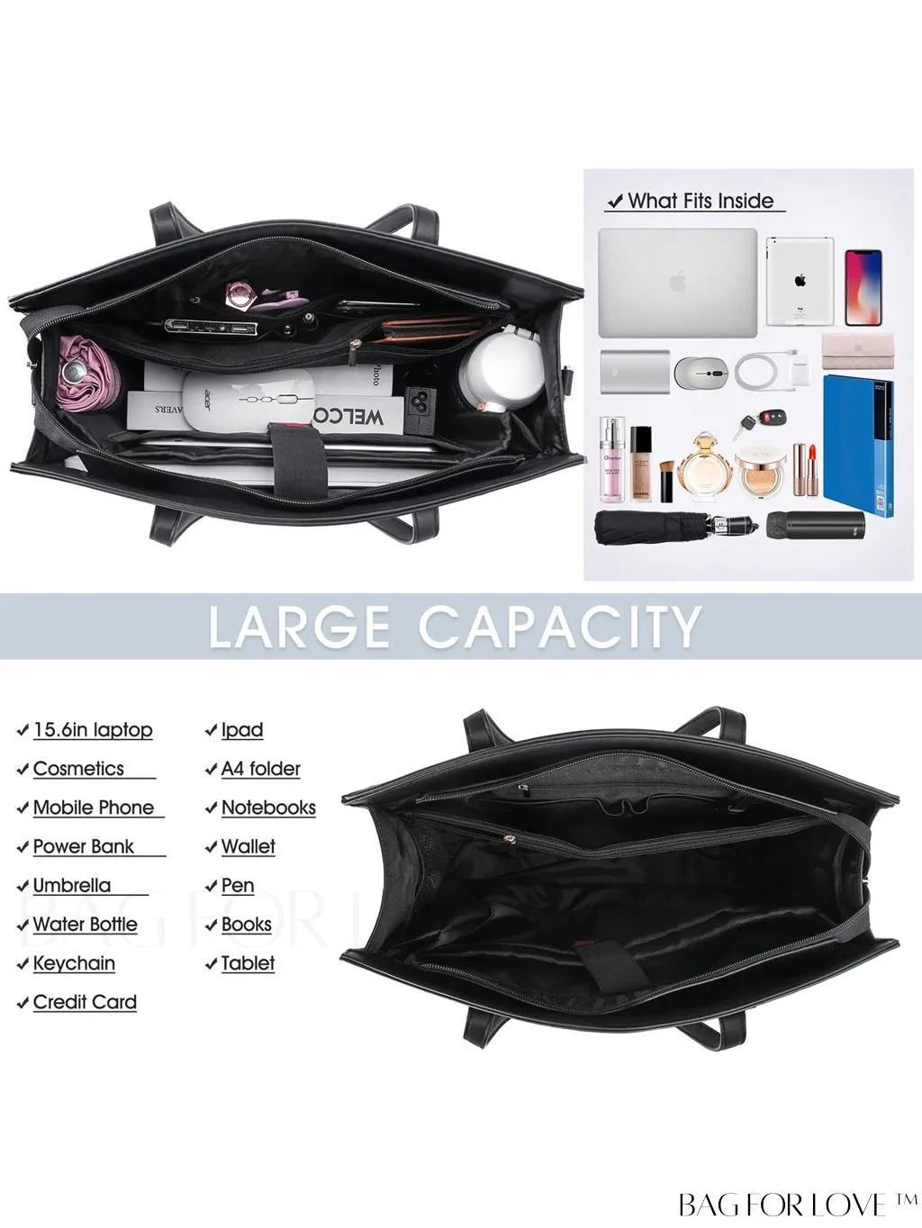 BagForLove - Professional Womens Laptop Bag - Waterproof, Large Capacity, Leather Handbag - Black Embossed Pattern