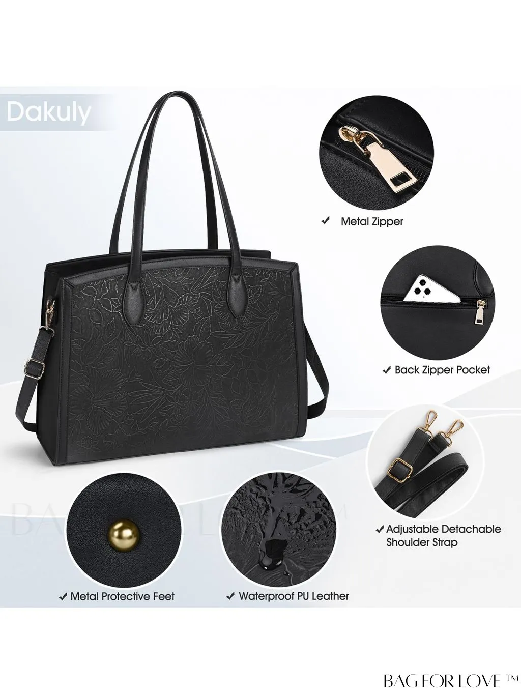 BagForLove - Professional Womens Laptop Bag - Waterproof, Large Capacity, Leather Handbag - Black Embossed Pattern