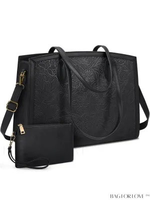 BagForLove - Professional Womens Laptop Bag - Waterproof, Large Capacity, Leather Handbag - Black Embossed Pattern