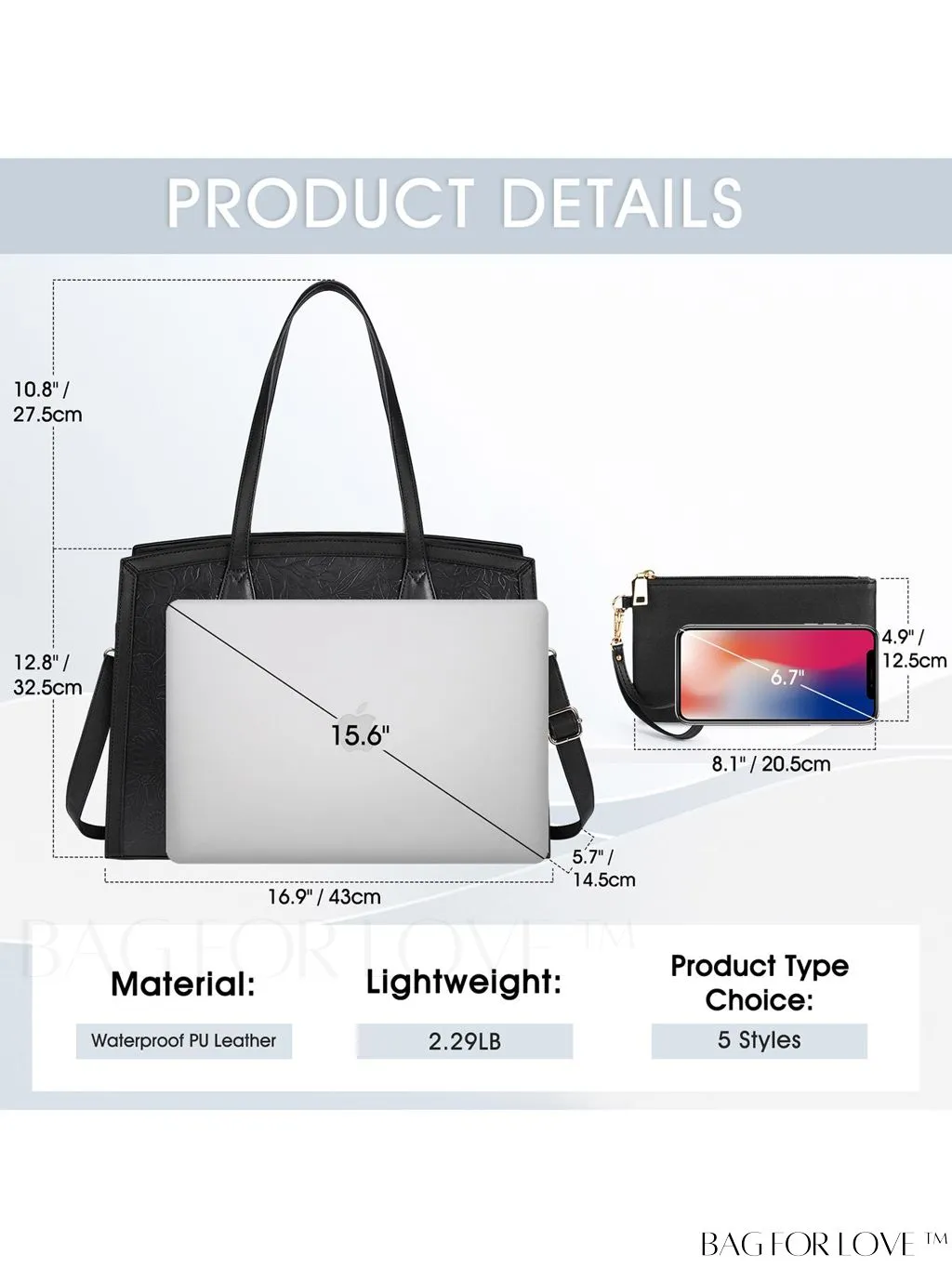 BagForLove - Professional Womens Laptop Bag - Waterproof, Large Capacity, Leather Handbag - Black Embossed Pattern