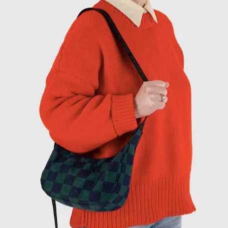 Baggu Small Nylon Crescent Bag - Navy Green Check