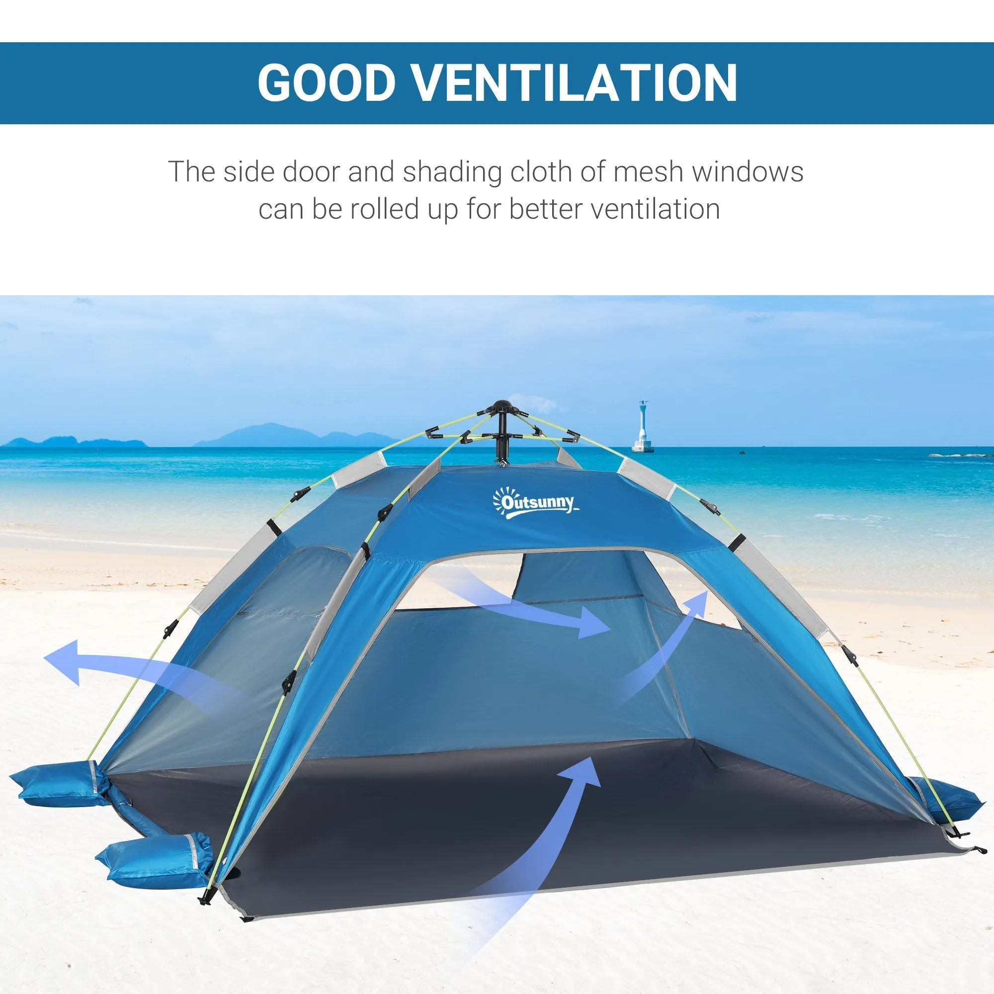 Beach Tent for 1-2 Person Pop-up Design with 2 Mesh Windows & 2 Doors Sky Blue