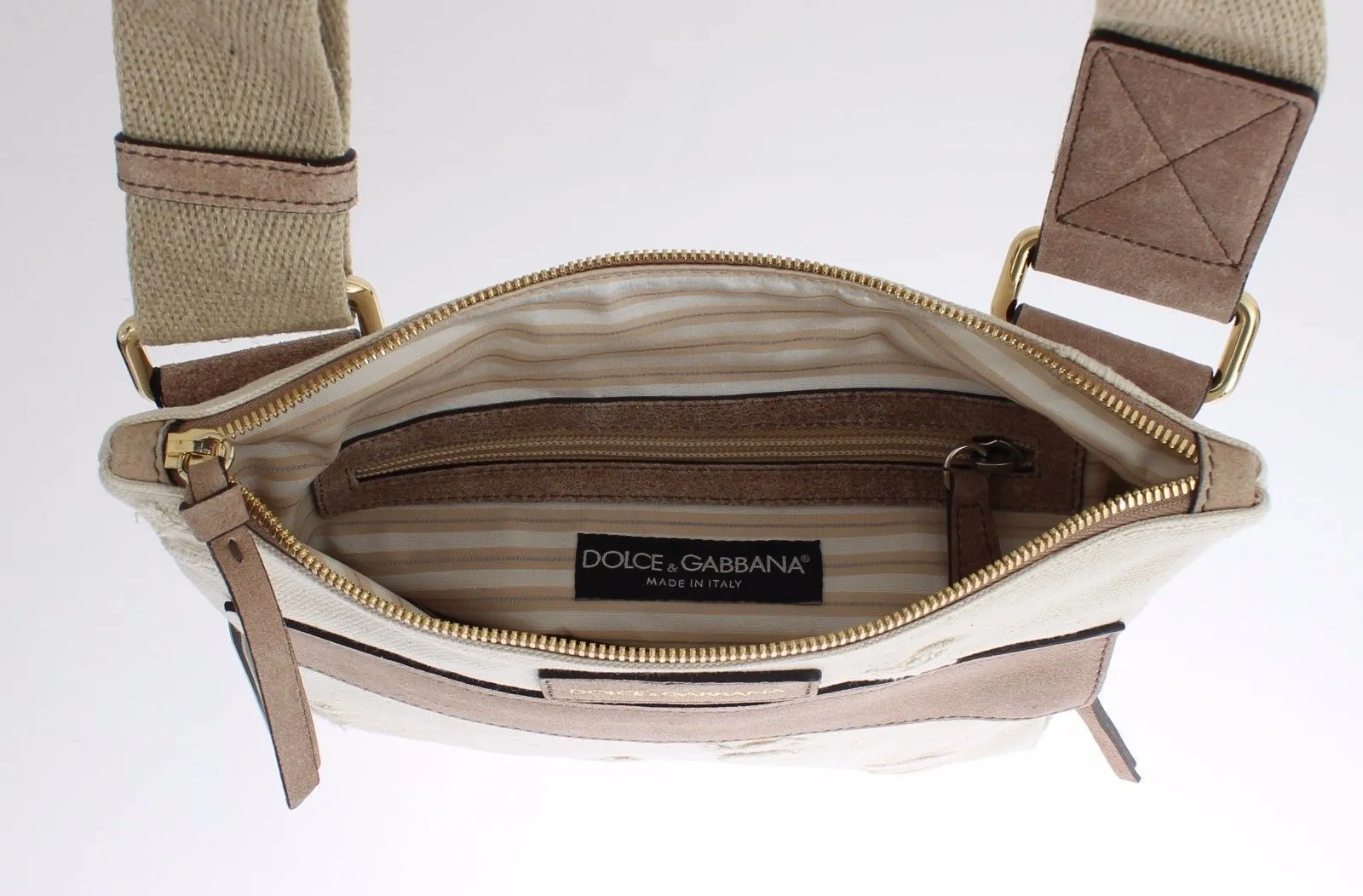 Beige Canvas Leather Crossbody Shoulder Bag
