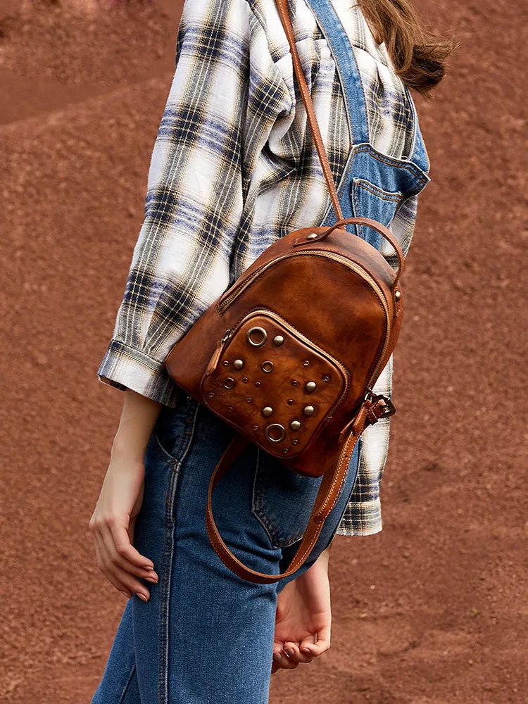 Best Vintage Rivet Brown Leather Rucksack Bag Womens Small School Backpacks Leather Backpack Purse
