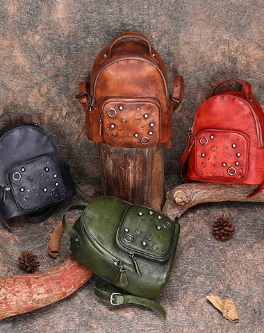 Best Vintage Rivet Brown Leather Rucksack Bag Womens Small School Backpacks Leather Backpack Purse