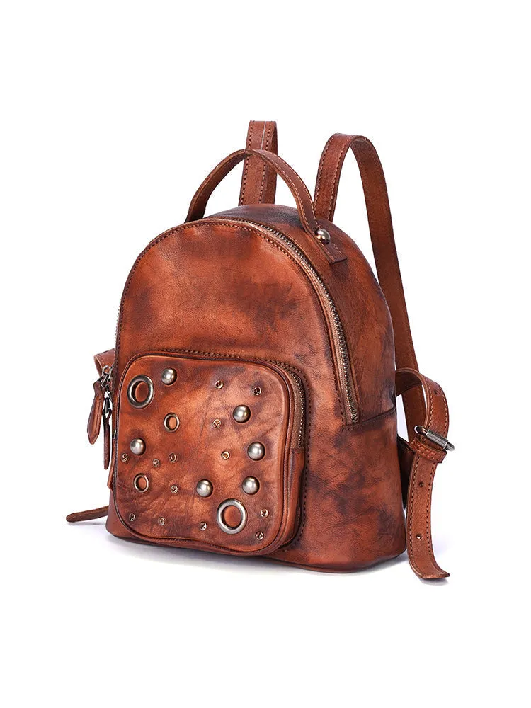 Best Vintage Rivet Brown Leather Rucksack Bag Womens Small School Backpacks Leather Backpack Purse