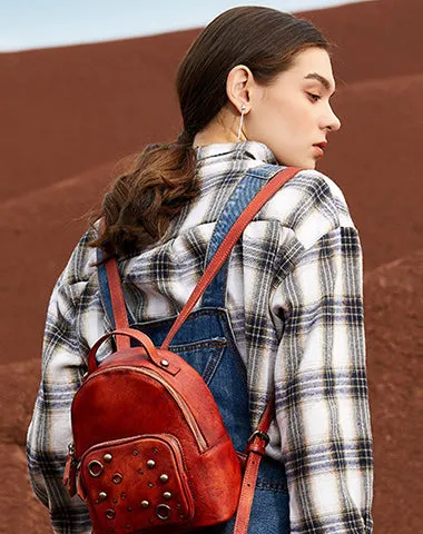 Best Vintage Rivet Brown Leather Rucksack Bag Womens Small School Backpacks Leather Backpack Purse