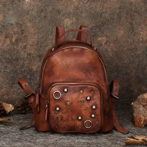 Best Vintage Rivet Brown Leather Rucksack Bag Womens Small School Backpacks Leather Backpack Purse