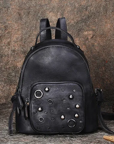 Best Vintage Rivet Brown Leather Rucksack Bag Womens Small School Backpacks Leather Backpack Purse