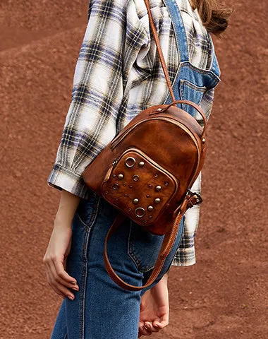 Best Vintage Rivet Brown Leather Rucksack Bag Womens Small School Backpacks Leather Backpack Purse