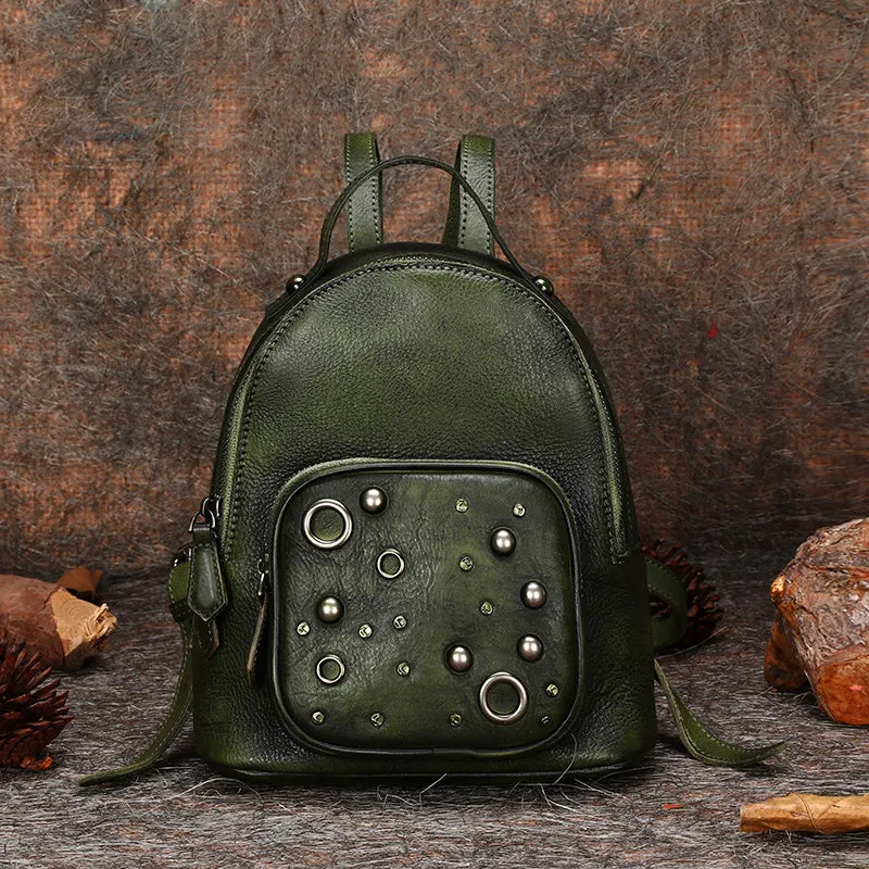 Best Vintage Rivet Brown Leather Rucksack Bag Womens Small School Backpacks Leather Backpack Purse