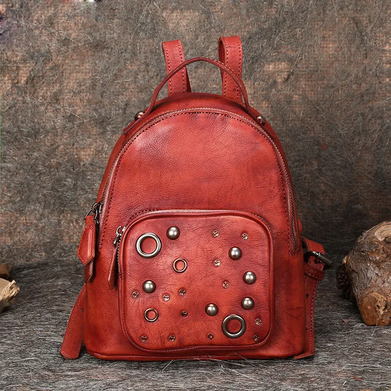 Best Vintage Rivet Brown Leather Rucksack Bag Womens Small School Backpacks Leather Backpack Purse
