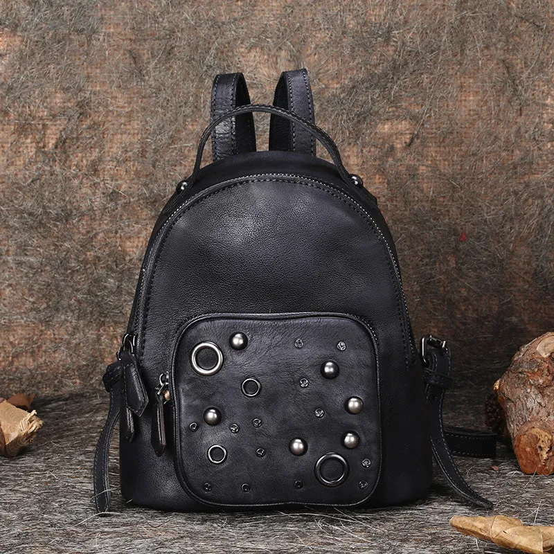 Best Vintage Rivet Brown Leather Rucksack Bag Womens Small School Backpacks Leather Backpack Purse