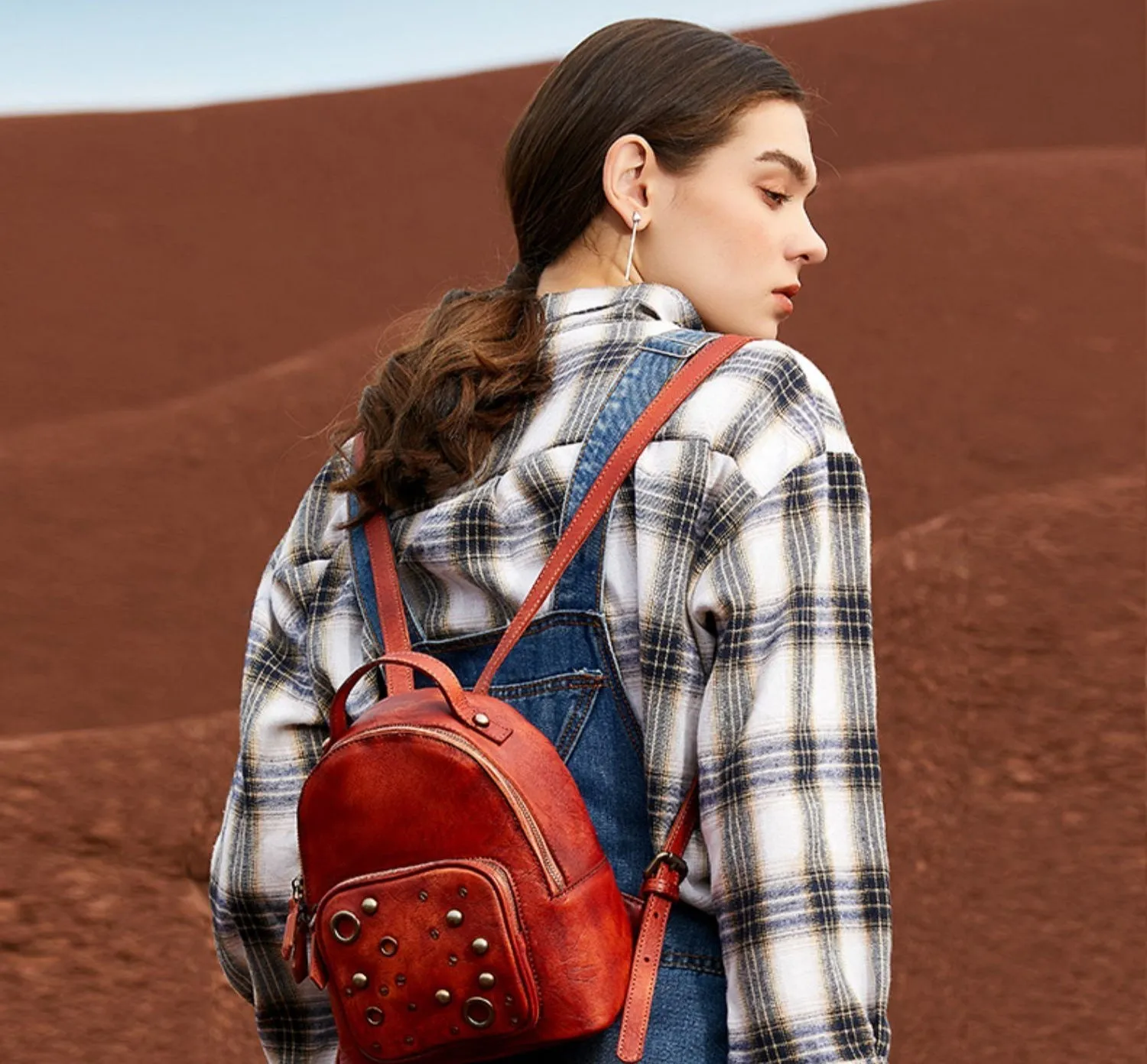 Best Vintage Rivet Brown Leather Rucksack Bag Womens Small School Backpacks Leather Backpack Purse
