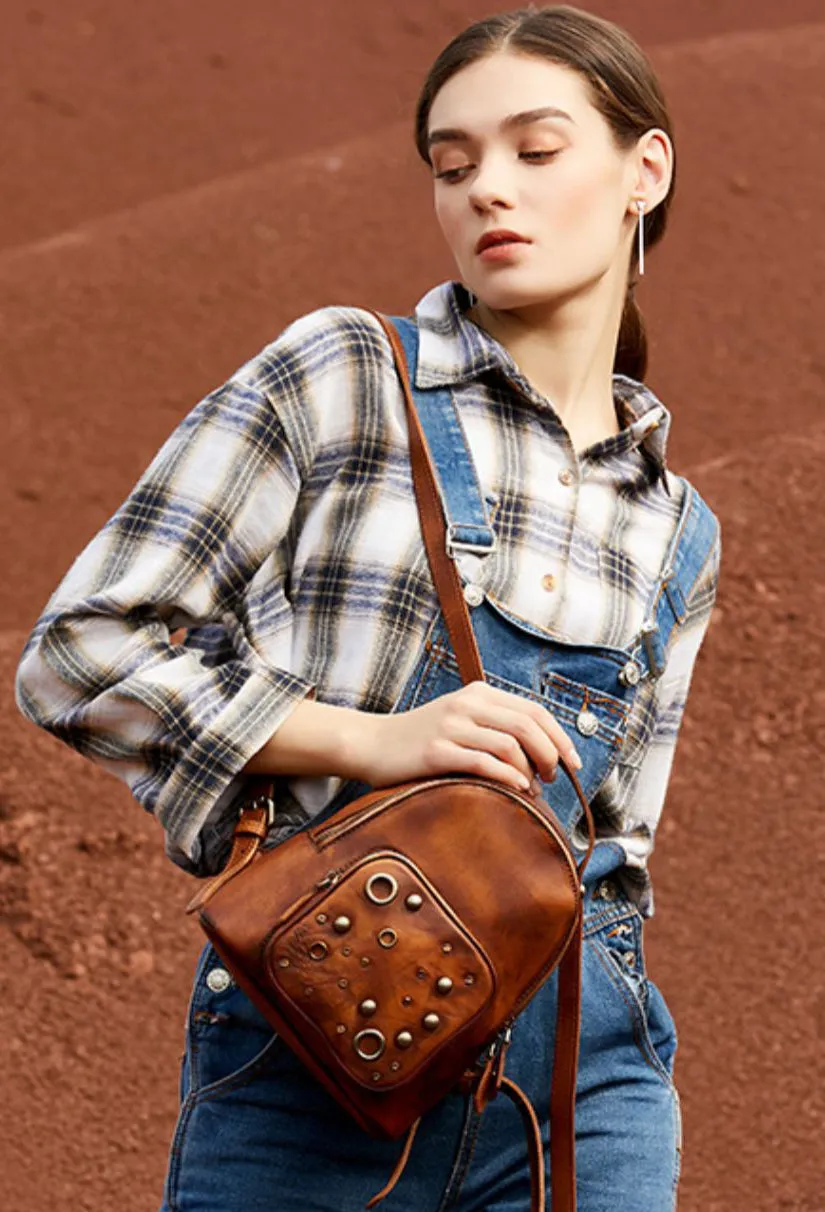 Best Vintage Rivet Brown Leather Rucksack Bag Womens Small School Backpacks Leather Backpack Purse