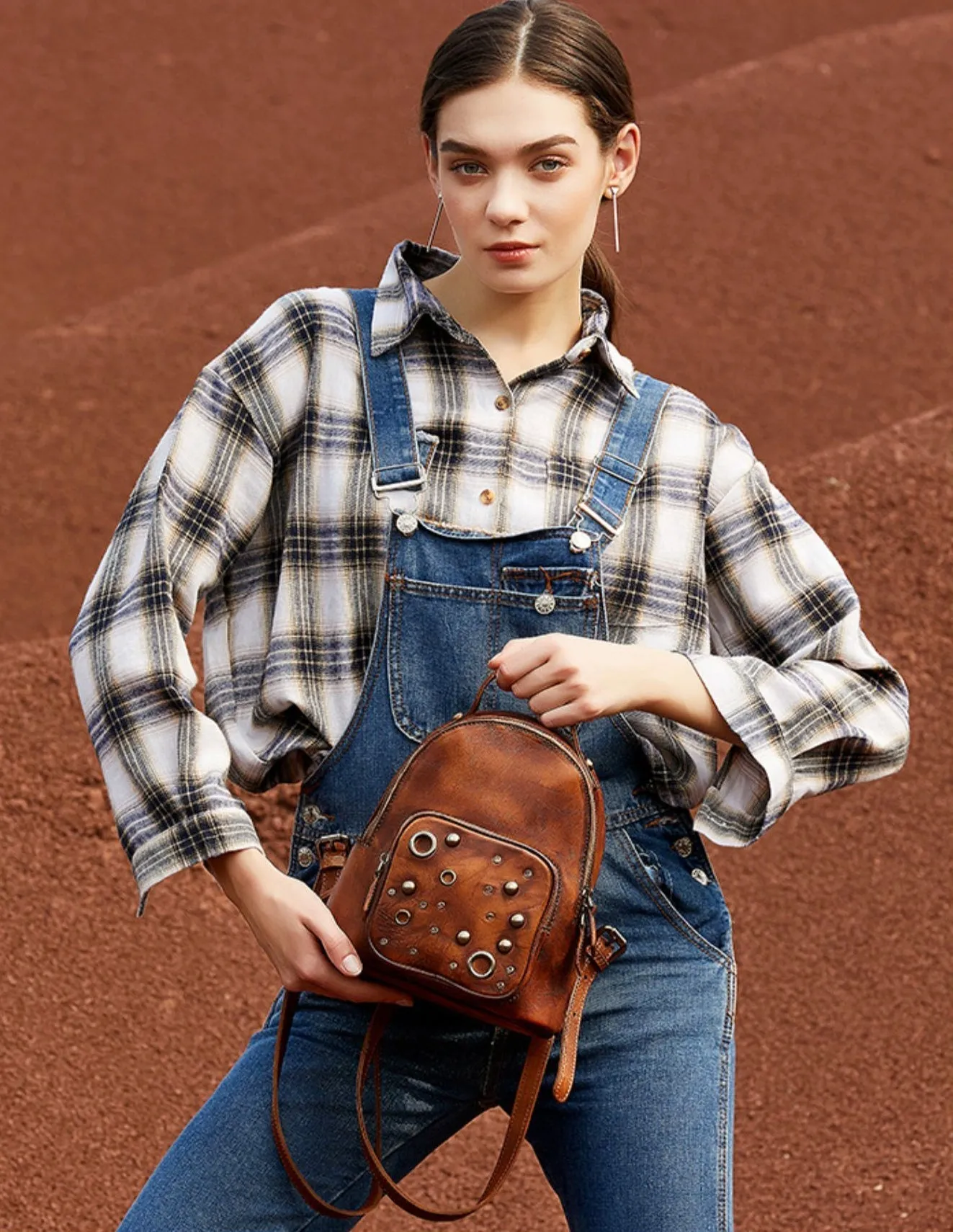 Best Vintage Rivet Brown Leather Rucksack Bag Womens Small School Backpacks Leather Backpack Purse
