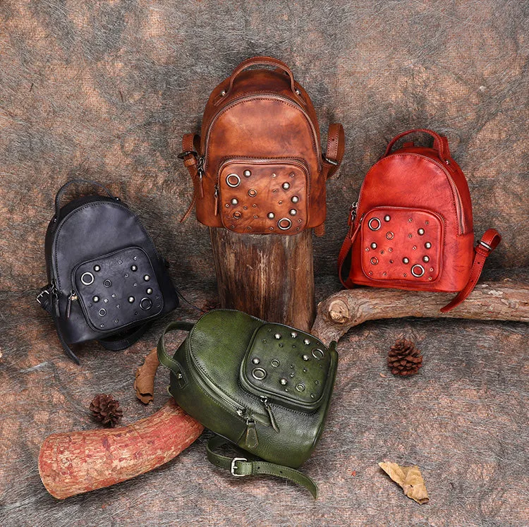 Best Vintage Rivet Brown Leather Rucksack Bag Womens Small School Backpacks Leather Backpack Purse
