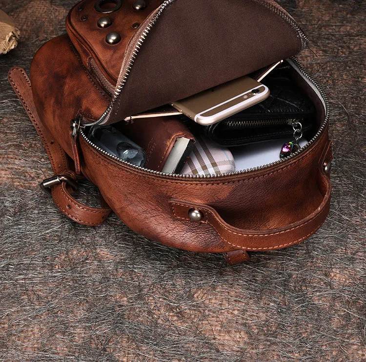 Best Vintage Rivet Brown Leather Rucksack Bag Womens Small School Backpacks Leather Backpack Purse