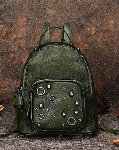 Best Vintage Rivet Brown Leather Rucksack Bag Womens Small School Backpacks Leather Backpack Purse