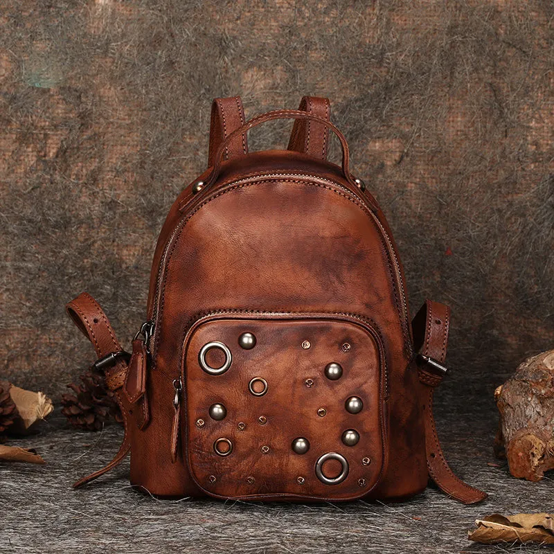 Best Vintage Rivet Brown Leather Rucksack Bag Womens Small School Backpacks Leather Backpack Purse
