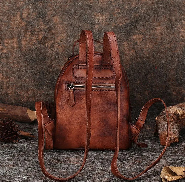 Best Vintage Rivet Brown Leather Rucksack Bag Womens Small School Backpacks Leather Backpack Purse