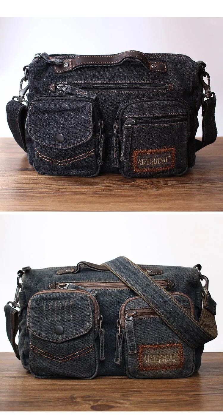 Black Denim Side Bag Mens Denim Messenger Bags Vintage Denim Crossbody Bag For Women