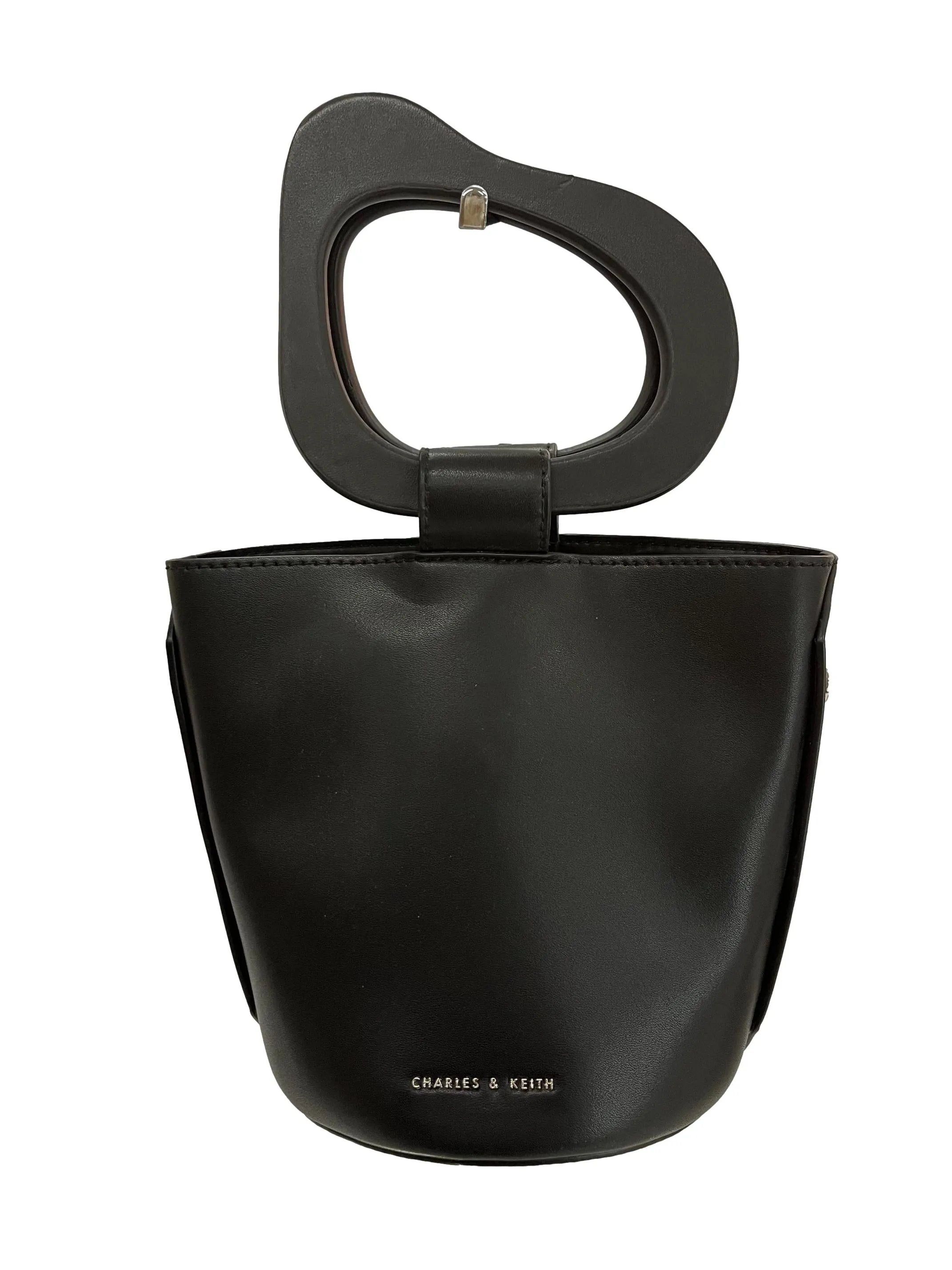 Black Structured Handle Embroidered Bucket Bag