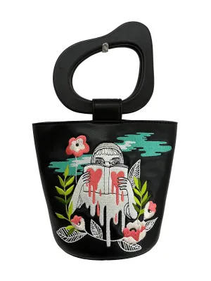 Black Structured Handle Embroidered Bucket Bag