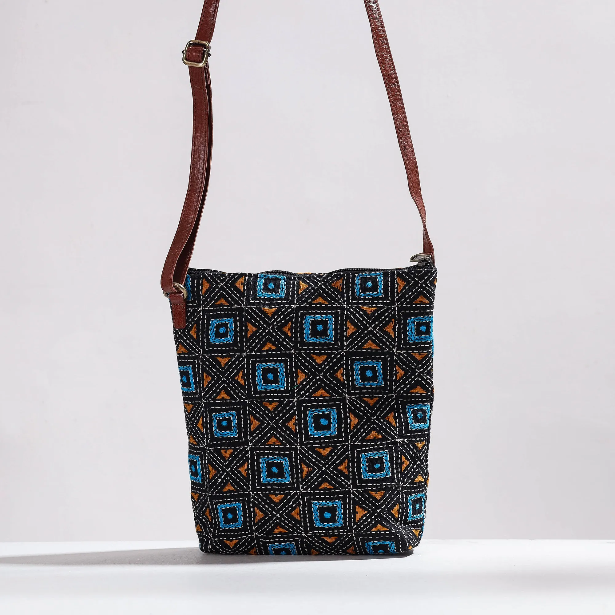 Blue - Handcrafted Kantha Embroidery Cotton & Leather Sling Bag