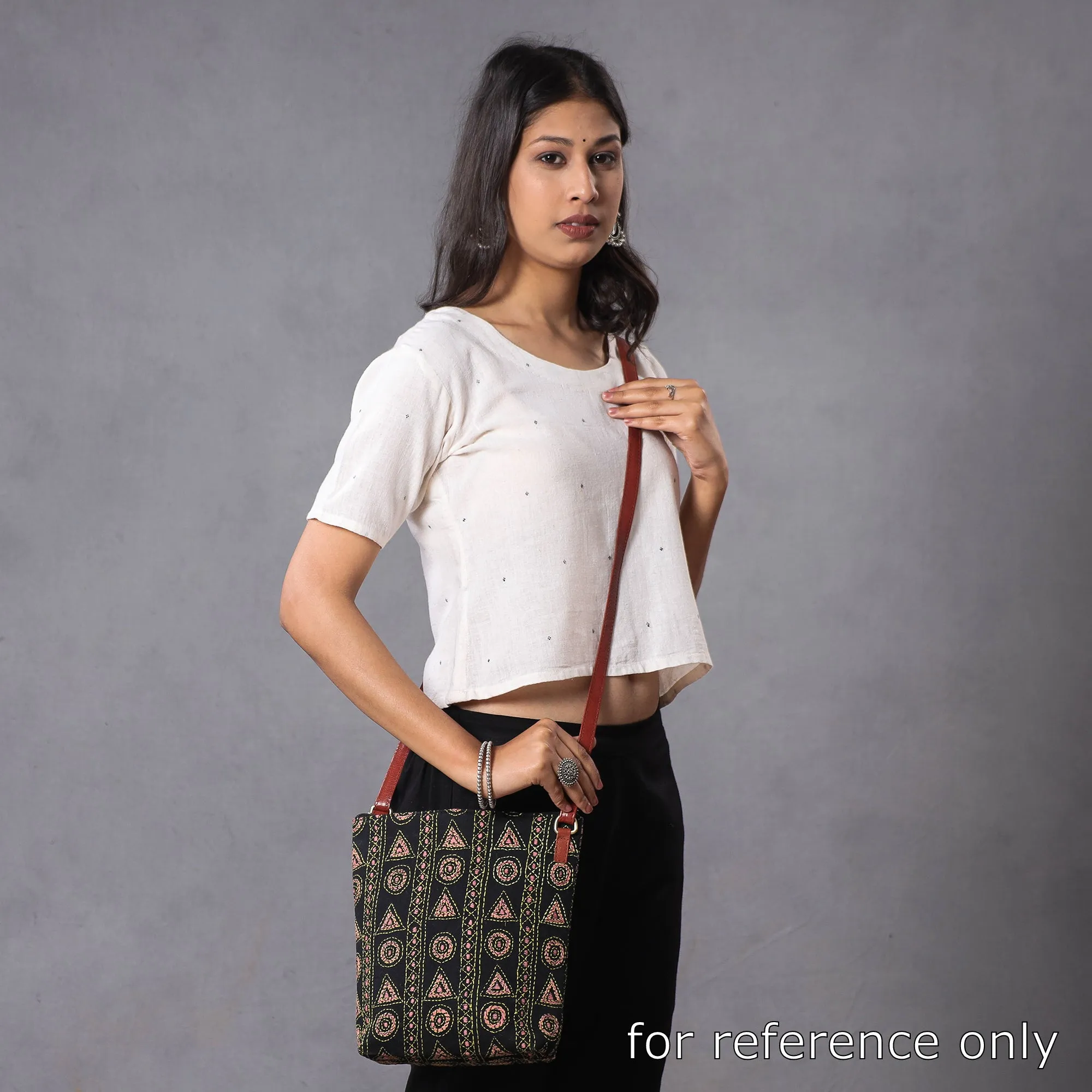 Blue - Handcrafted Kantha Embroidery Cotton & Leather Sling Bag