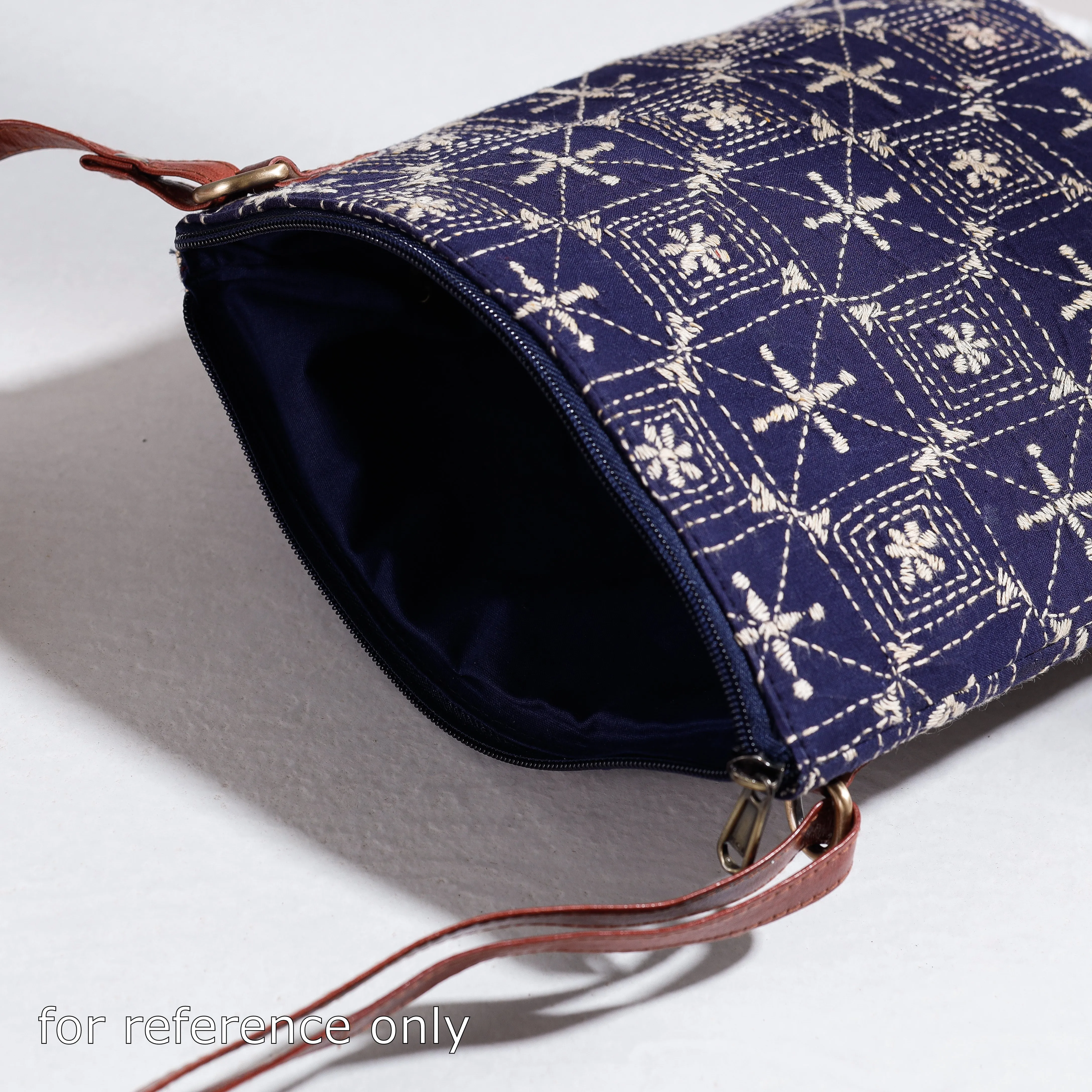 Blue - Handcrafted Kantha Embroidery Cotton & Leather Sling Bag