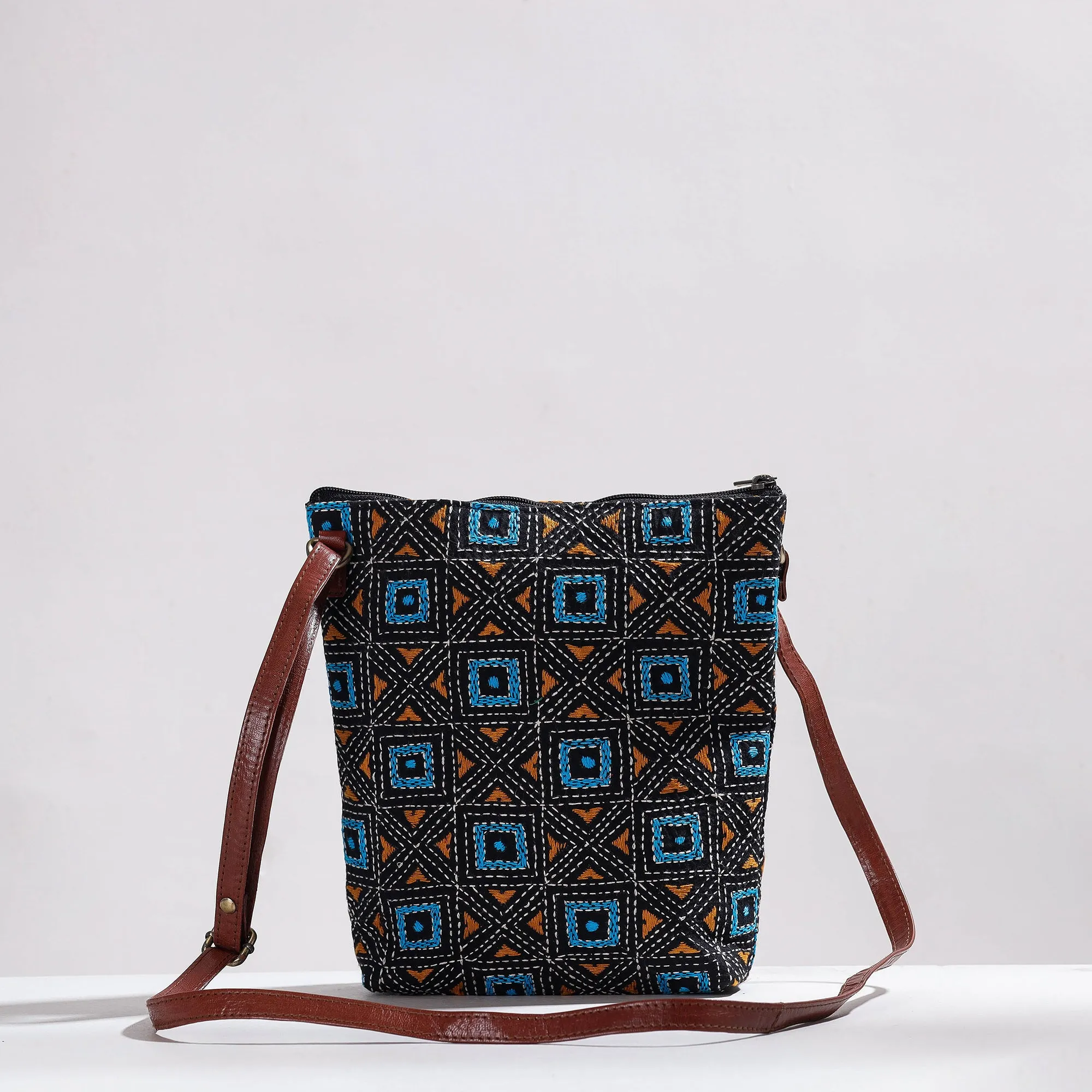 Blue - Handcrafted Kantha Embroidery Cotton & Leather Sling Bag