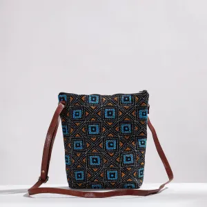 Blue - Handcrafted Kantha Embroidery Cotton & Leather Sling Bag