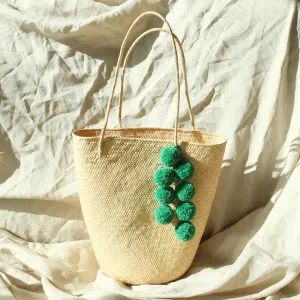 Borneo Serena Straw Tote Bag with Green Pom-poms