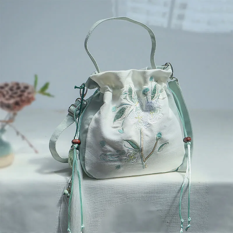 Buddha Stones Embroidered Green Pear Blossom Canvas Tote Crossbody Bag Shoulder Bag Handbag