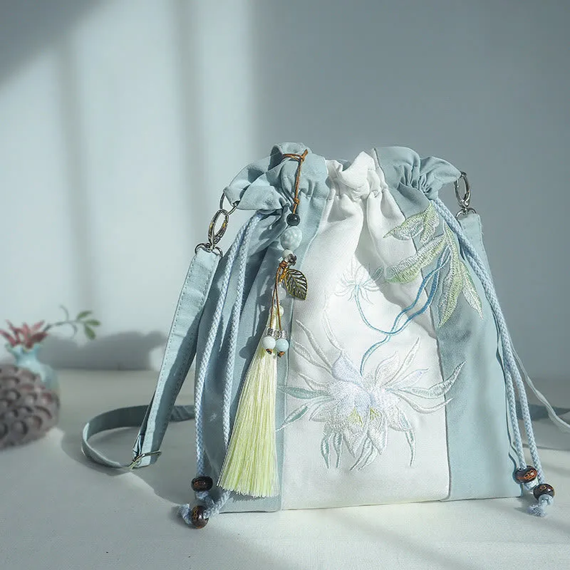 Buddha Stones Embroidered Green Pear Blue Epiphyllum Canvas Tote Crossbody Bag Shoulder Bag Handbag