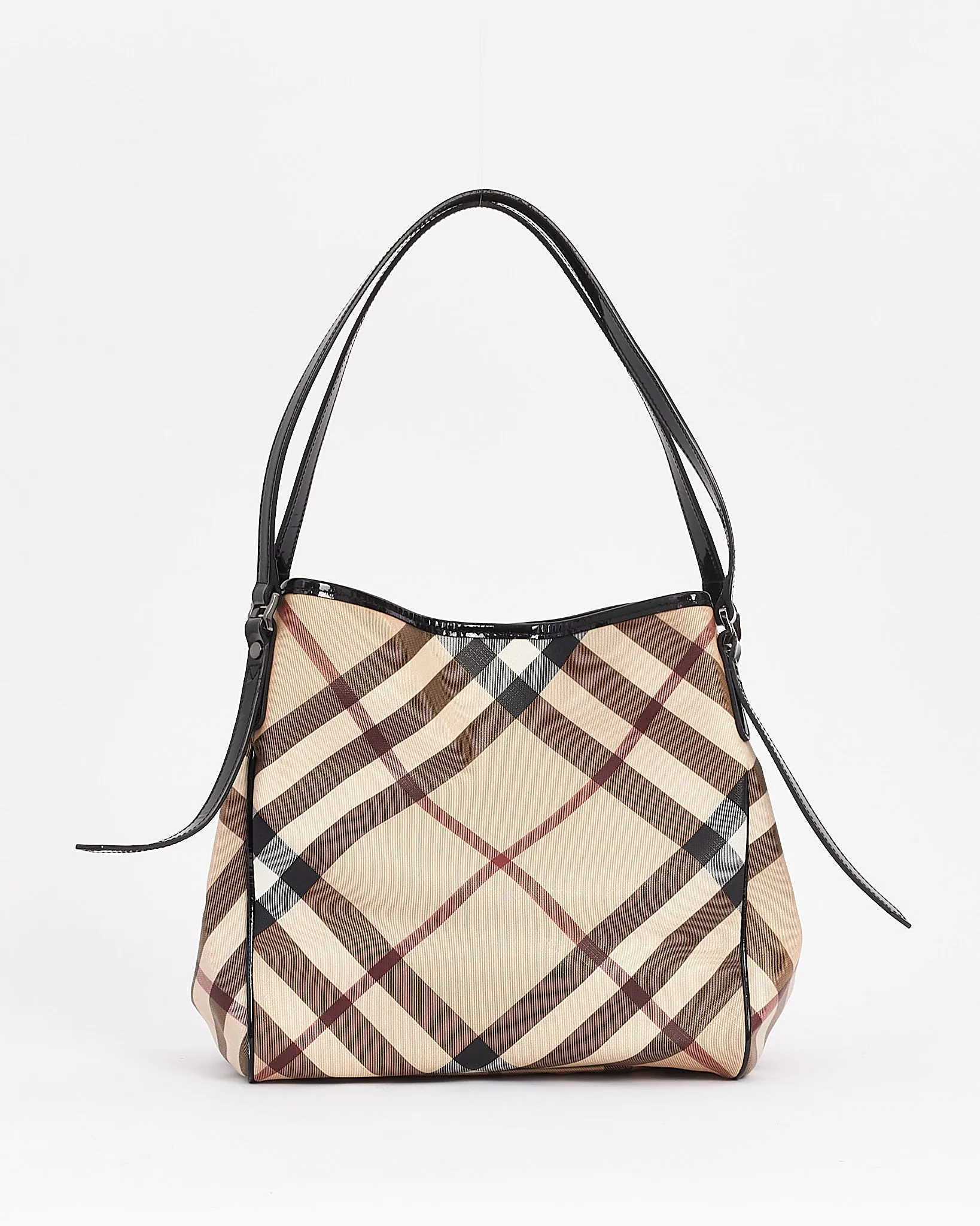 Burberry Beige Canvas & Patent Leather Check Print Shoulder Bag