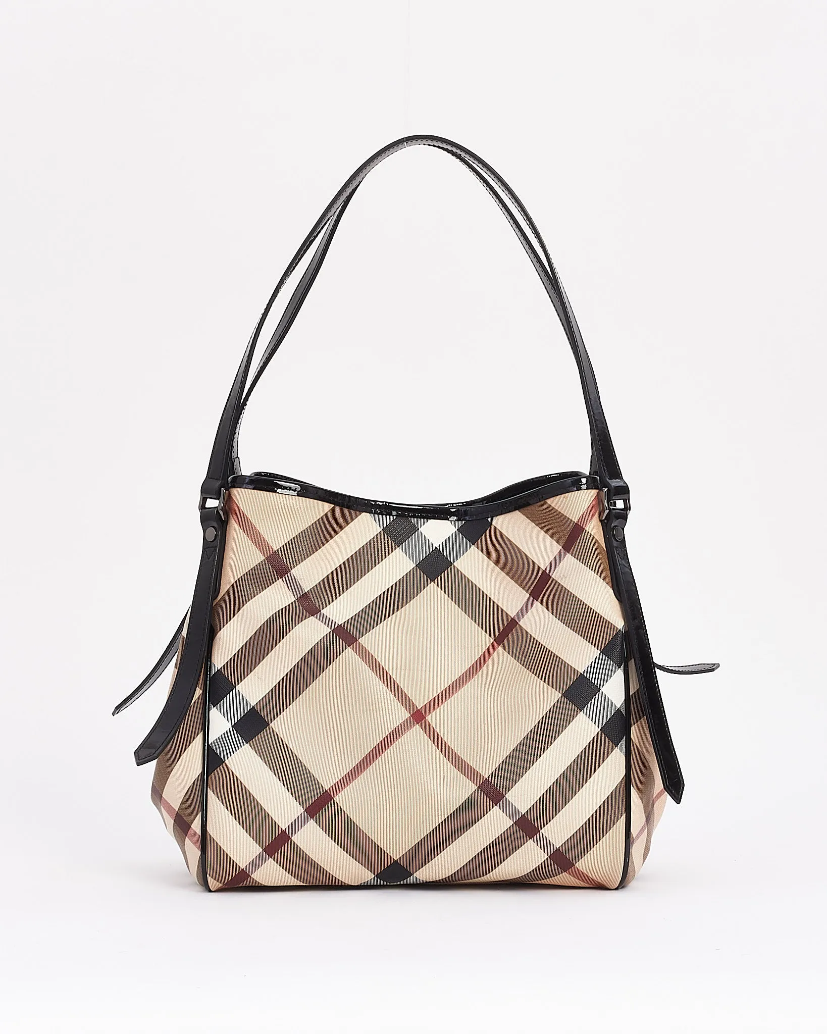 Burberry Beige Canvas & Patent Leather Check Print Shoulder Bag