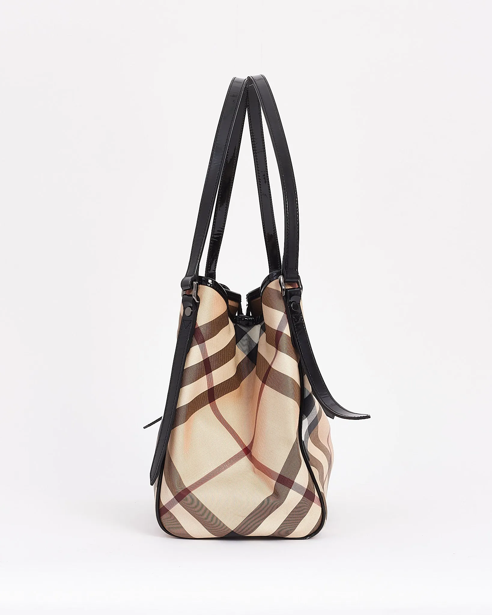 Burberry Beige Canvas & Patent Leather Check Print Shoulder Bag