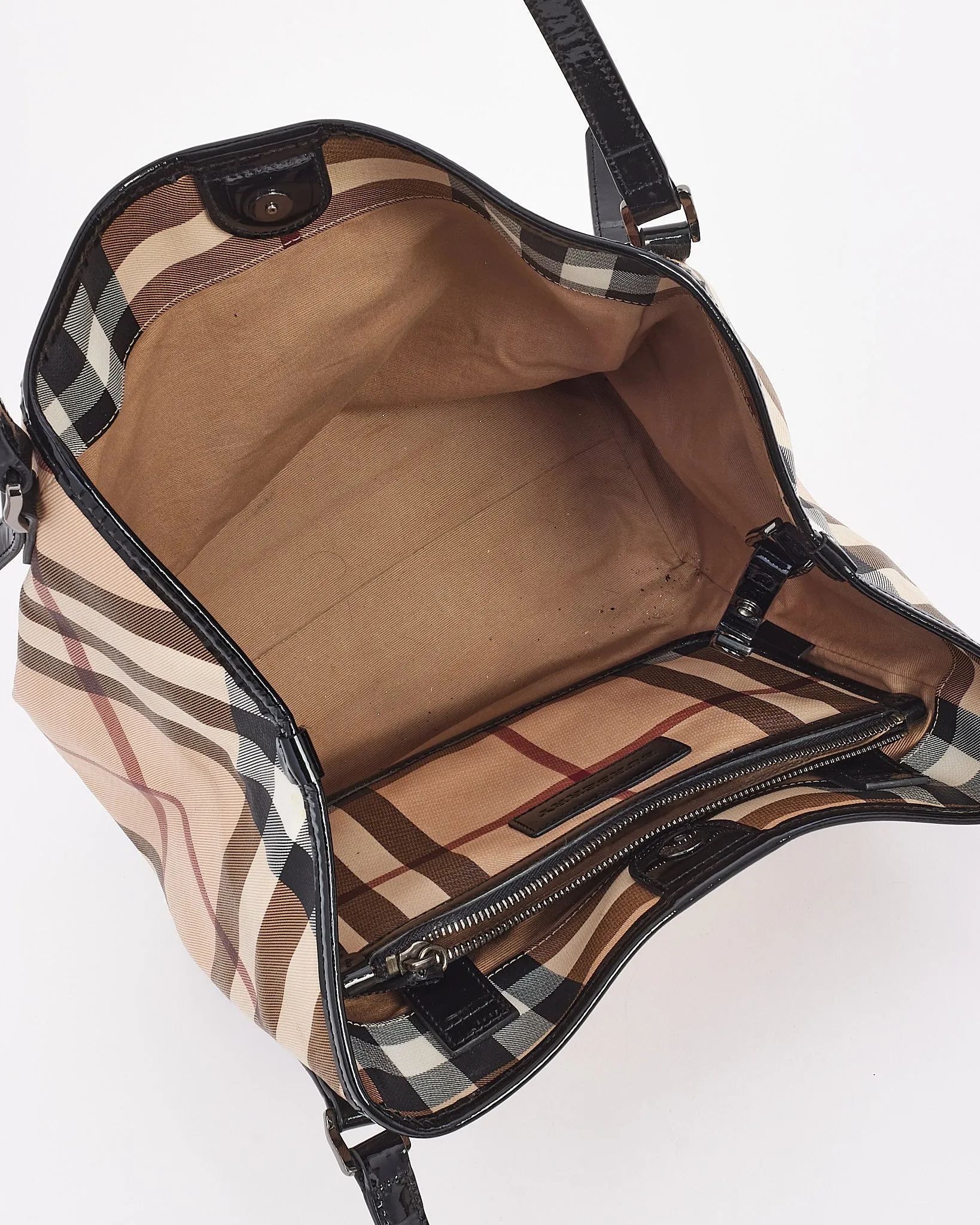 Burberry Beige Canvas & Patent Leather Check Print Shoulder Bag